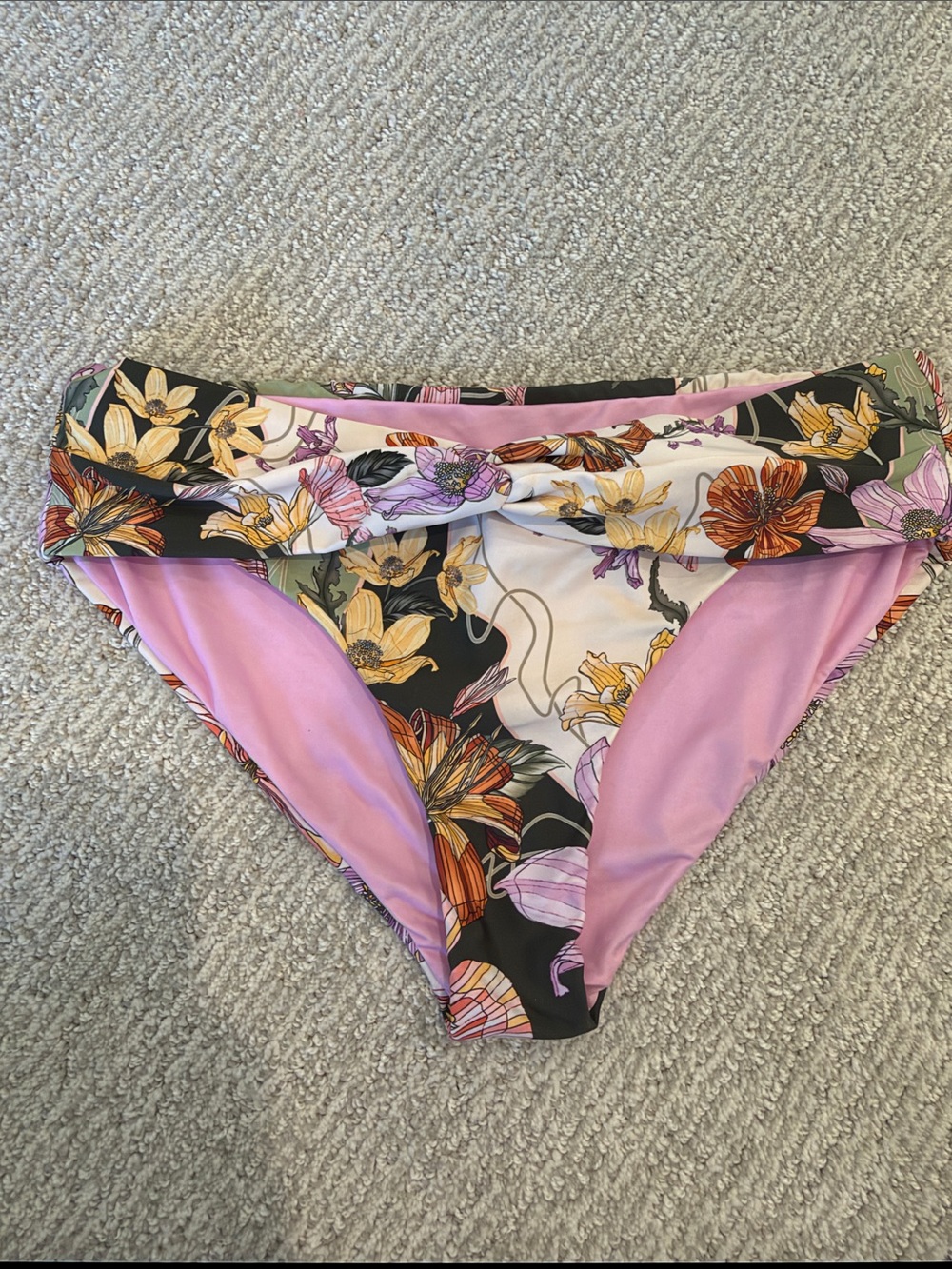 Agua Bendita Pink Floral Twist Bikini Bottom with Black Floral Accent